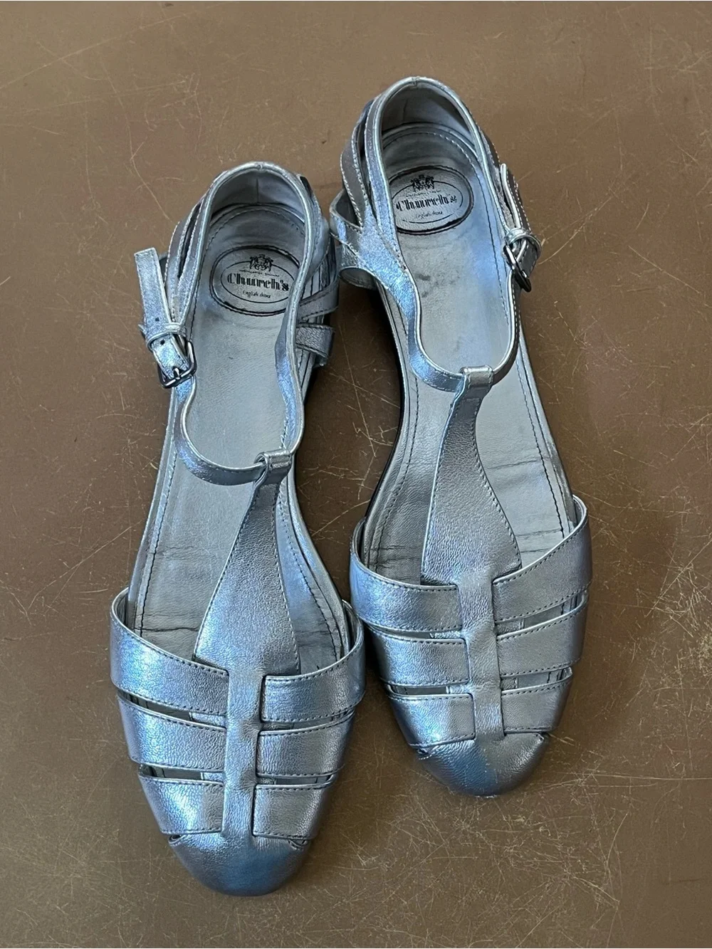 Church’s England Rainbow Metallic Silver Fisherman Sandals